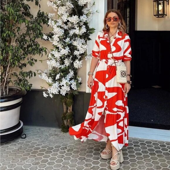 Zara Blogger’s Favourite Red & White Printed Belted Midi Shirt Dress size XL - Picture 3 of 15